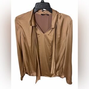 IT MICHAA Bronze Satin Tie-Neck Blouse Draped Long Sleeve Top Size 14